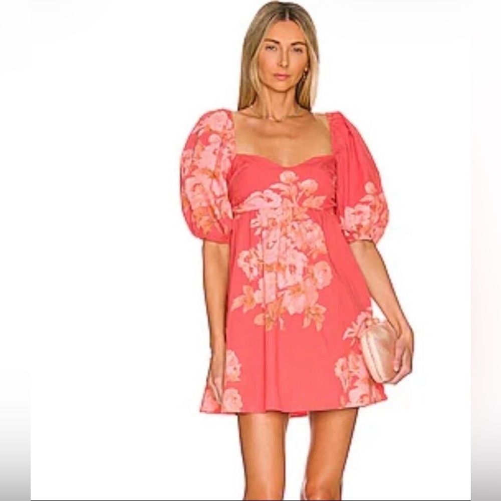 Free People Floral Puff Sleeve Dress in Coral with Pink Flowers